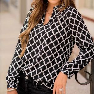 Betsy’s Boutique Black and White Geo Pattern Blouse